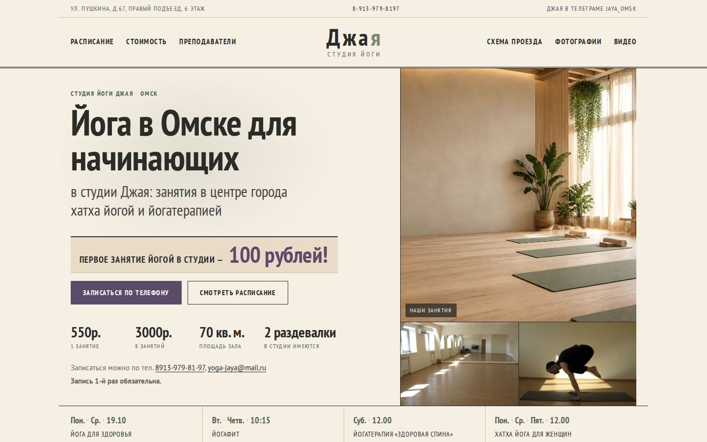 Вариант 4: редакционная сетка, узкий заголовок, плашка с ценой 100 рублей, цифры-факты и полоса ближайших занятий